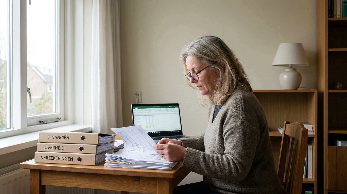 Vrouw ordent financiële documenten in mappen aan haar bureau
