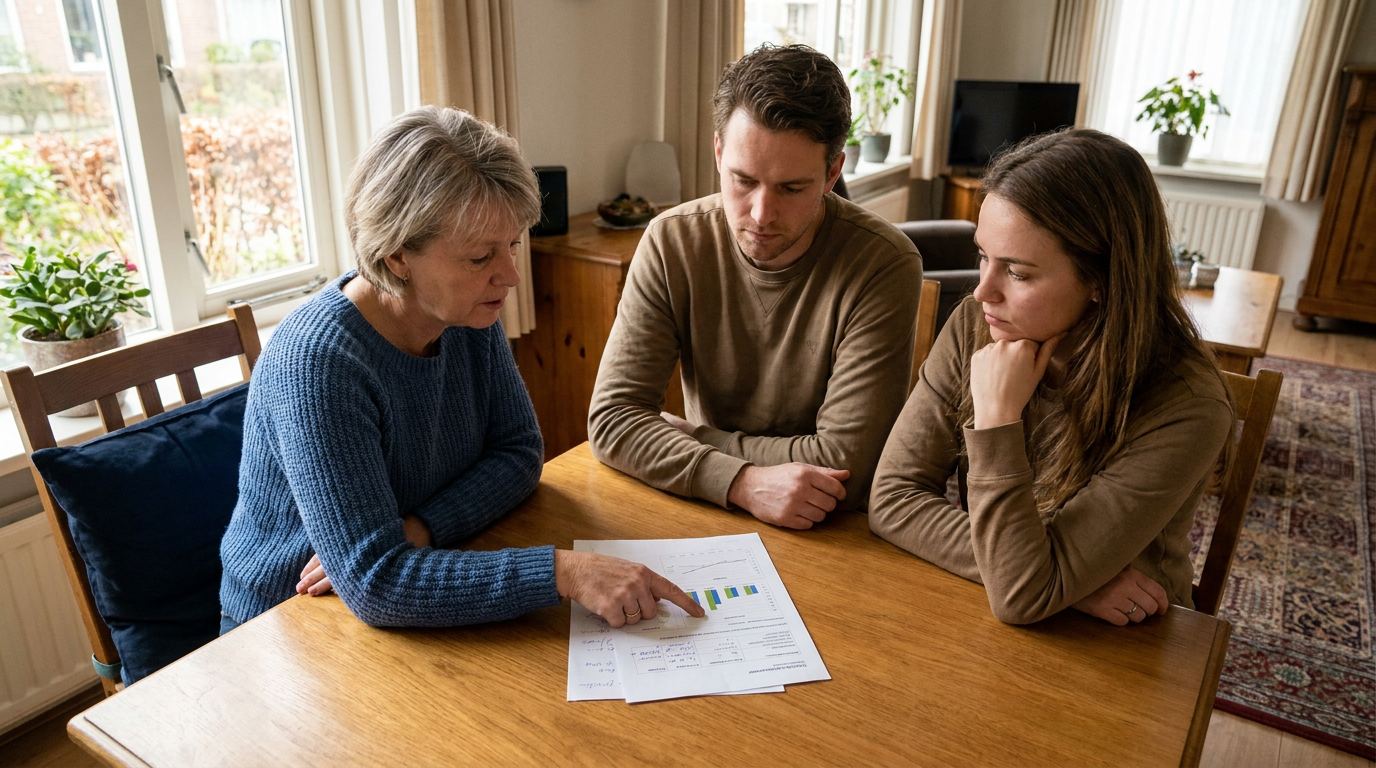 Moeder bespreekt met haar volwassen kinderen een financieel overzicht aan tafel