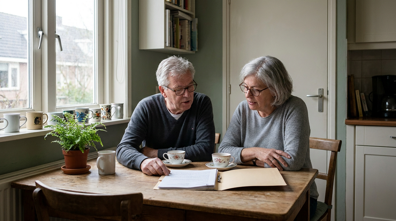 Echtpaar bespreekt samen documenten aan de keukentafel
