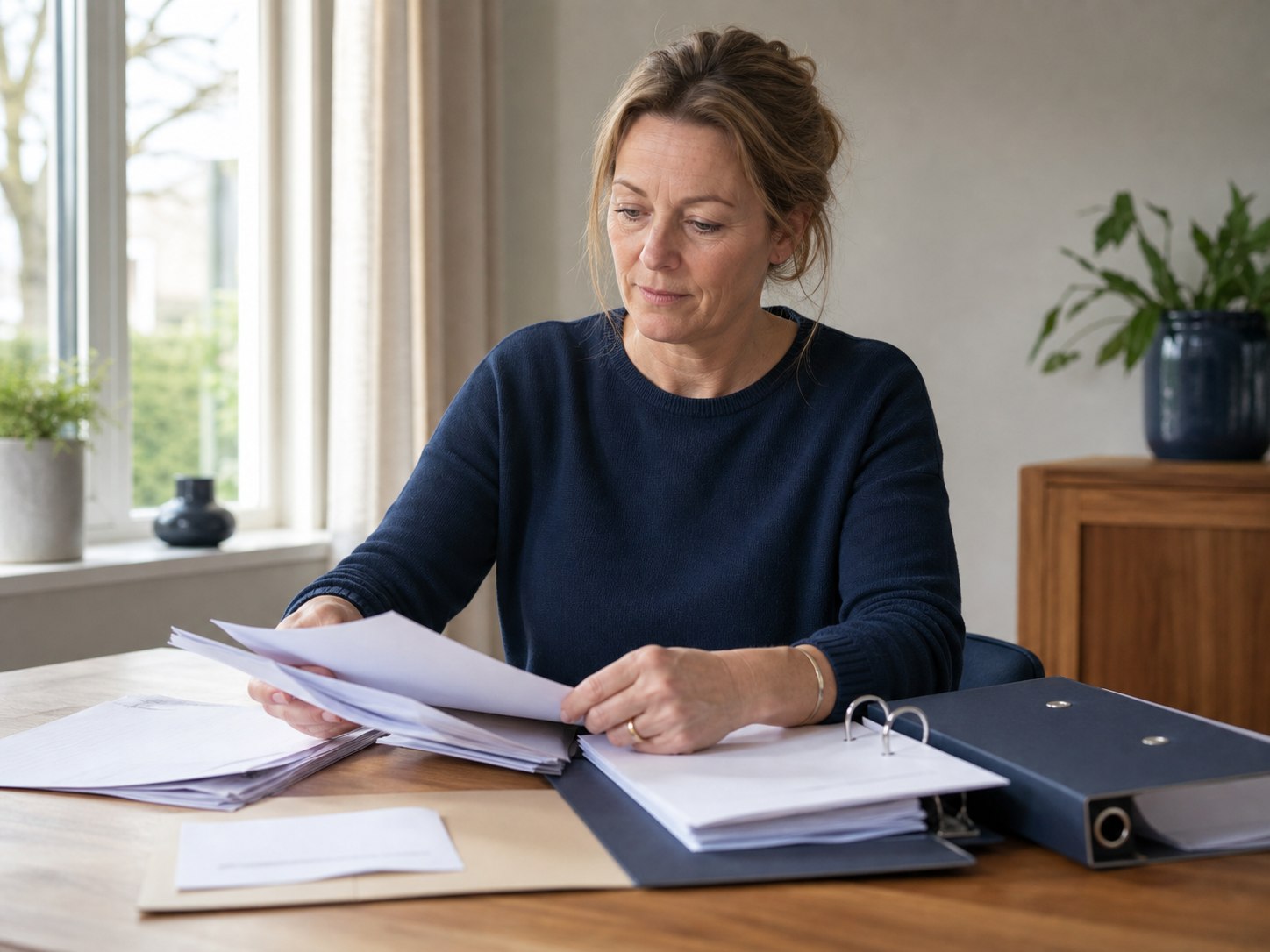 Vrouw ordent documenten als basis voor een notarieel dossier